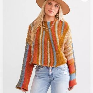 Willow & Root Frayed Open Weave Multicolor Striped Sweater